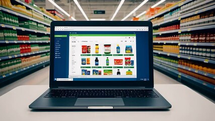 Laptop Displaying Online Shopping in Supermarket Aisle

