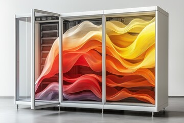 Poster - Futuristic Server Rack with Flowing Red and Yellow Light Waves, Representing Data Processing and Advanced Technology, Generative AI