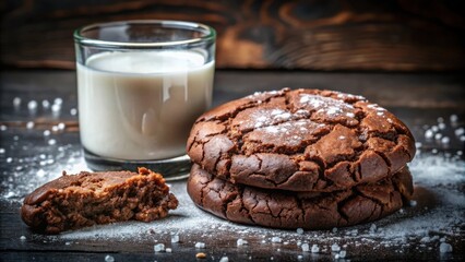 Aufkleber - Chocolate chip cookies dusted with powdered sugar and a glass of milk on a rustic wooden table