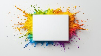 Poster - A white square canvas is surrounded by a vibrant explosion of colorful paint splashes, creating a dynamic and artistic scene