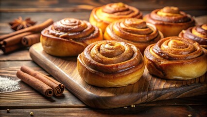 Aufkleber - Close-up of a group of golden brown cinnamon rolls with a delicate glaze and cinnamon sticks on a rustic wooden surface