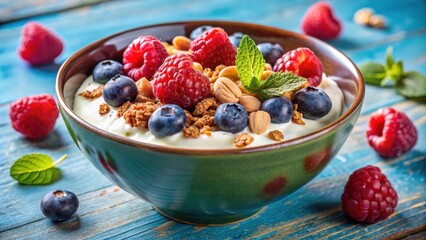 Poster - A bowl of yogurt with raspberries, blueberries, granola, and nuts on a blue wooden table