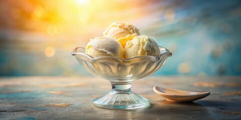Poster - A delightful scoop of creamy vanilla ice cream, served in a beautiful glass bowl on a wooden surface, with a soft, warm, and vibrant background.
