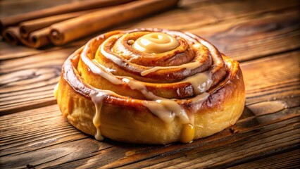Poster - A single glazed cinnamon roll with a rich, gooey filling, placed on a rustic wooden surface, bathed in warm, inviting light.