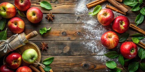 Poster - A rustic wooden table with red apples, cinnamon sticks, and star anise, scattered with powdered sugar, suggesting a homemade apple pie recipe.