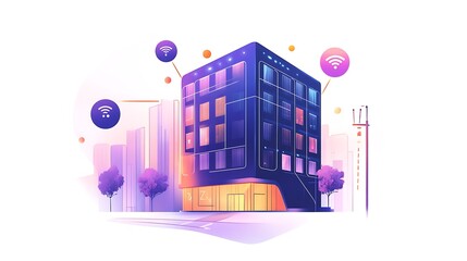 Poster - A modern building with Wi-Fi signals, illustrating connectivity in an urban environment.