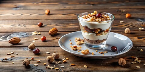 Poster - A Glass of Layered Yogurt Parfait with Granola, Nuts, and Berries on a Wooden Table