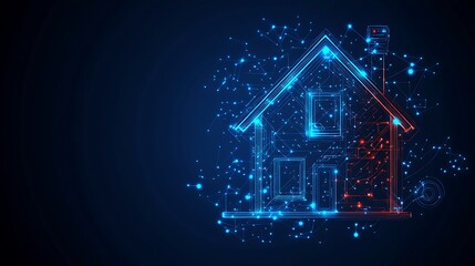 Poster - A digital illustration of a house made of glowing blue and red lines, representing technology and connectivity.