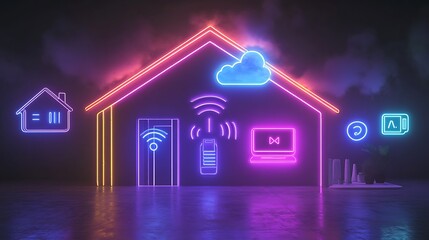 Poster - A neon-lit depiction of a smart home with various technology icons.