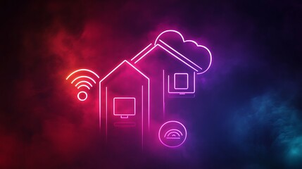 Poster - Neon illustration of smart home technology with Wi-Fi, cloud, and devices.