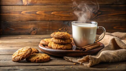 Poster - A Rustic Still Life with a Warm Mug of Steaming Milk and Freshly Baked Cookies on a Wooden Table