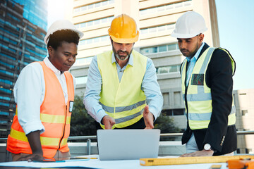 Poster - Architect, men and manager with laptop outdoor on rooftop for city planning and building development project. Team, people or talking on construction site for architecture or urban property expansion