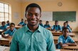 © ThomasLENNE - Close portrait of a smiling young Gabonese male elegant primary school teacher standing and looking at the camera, indoors almost empty classroom blurred background