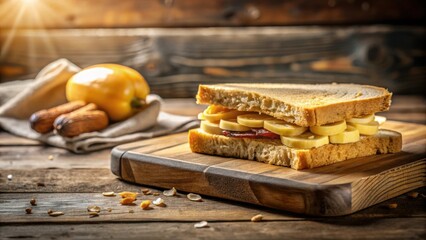 Poster - A freshly made sandwich with sliced bananas and a touch of sweetness, resting on a rustic wooden cutting board, bathed in warm sunlight.