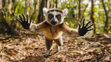 Wall Mural - Playful Lemur Reaching Out in a Lush Forest