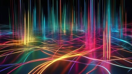 Collection of abstract fiber optic lines. Bright light signals transmit data quickly for high-speed internet connections. Technology and internet concept. 3D Rendering. 4K