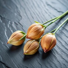 Sticker - Three flax flower buds displayed on a textured black surface. Generative AI