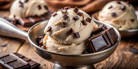 Aufkleber - A Creamy Scoop of Vanilla Ice Cream Topped with Chocolate Pieces and a Side of Dark Chocolate Squares