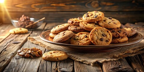 Poster - A plate of freshly baked chocolate chip cookies, arranged in a tempting pile, resting on a rustic wooden table with a warm glow illuminating the scene.