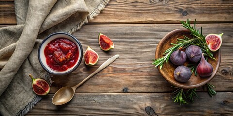 Poster - A rustic wooden table adorned with fresh figs, a bowl of fig jam, and a sprig of rosemary, a natural and flavorful combination for a delightful autumnal treat.