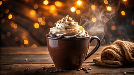 Poster - A steaming cup of coffee topped with whipped cream and sprinkles, sitting on a rustic wooden table with a warm, bokeh-filled background.