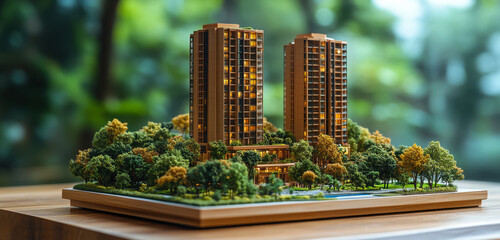 Poster - miniature model of multifloor residential building under construction for real estate investment