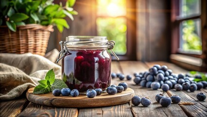 Poster - A jar of homemade blueberry jam sits on a wooden table, surrounded by fresh blueberries and a sprig of mint. The sun shines through a window in the background, casting a warm glow on the scene.