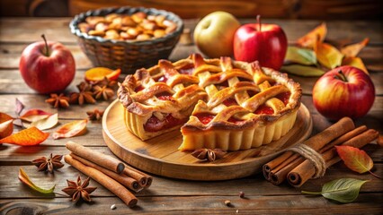 Aufkleber - A Delicious Apple Pie with Cinnamon Sticks and Star Anise on a Rustic Wooden Table