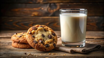 Poster - A Classic Pairing Chocolate Chip Cookies and a Glass of Milk on a Rustic Wooden Surface
