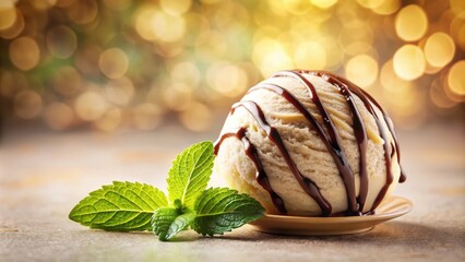 Poster - A single scoop of vanilla ice cream topped with a decadent chocolate sauce and a sprig of fresh mint, ready to be enjoyed on a warm summer day.