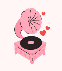 Wall Mural - Pink gramophone with hearts. Flat vector illustration.