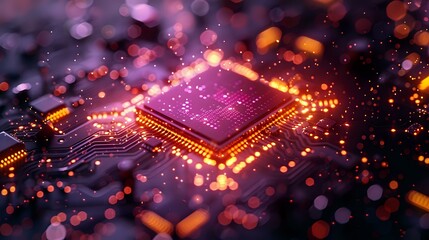Poster - Glowing computer processor chip with orange and purple light effects, digital technology concept for artificial intelligence and computing power. Perfect for tech innovation themes.