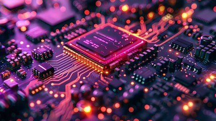 Poster - Futuristic computer processor chip glowing with pink and purple neon lights on circuit board, macro photography perfect for technology and innovation concepts.