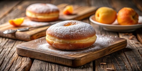 Poster - A single powdered donut on a rustic wooden board, surrounded by a light dusting of powdered sugar, with a blurred background of additional donuts and fruit