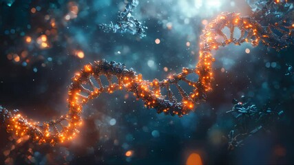 Poster - Close-up of an illuminated DNA strand with sparkling particles on a dark, abstract background. Represents bioinformatics, genetics, and biotechnology innovation