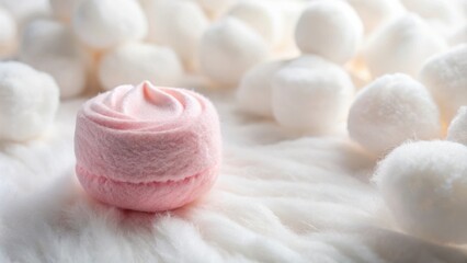 Poster - A single pink marshmallow, nestled amongst a bed of fluffy white cotton balls, basking in the soft glow of natural light.