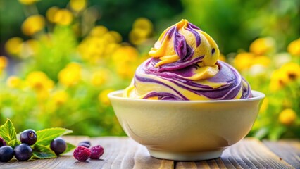 Aufkleber - A swirl of yellow and purple ice cream in a white bowl on a rustic wooden table with a blurred background of yellow flowers and green leaves.