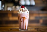 a tall glass filled with a pinkish milkshake
