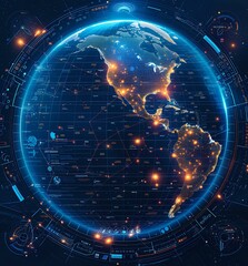 Poster - futuristic, digital rendering of earth with interconnected data points and glowing networks, symboli