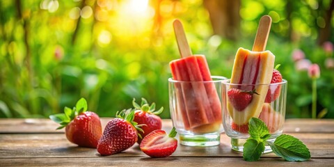 Poster - Two Strawberry Popsicles Resting in Glass Tumblers with Fresh Strawberries and Mint Leaves on a Wooden Table