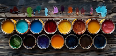 Poster - A top-down view of colorful paint cans arranged in a row, with splashes of vibrant hues like green, yellow, and blue. Perfect for art, creativity, and design-related themes.