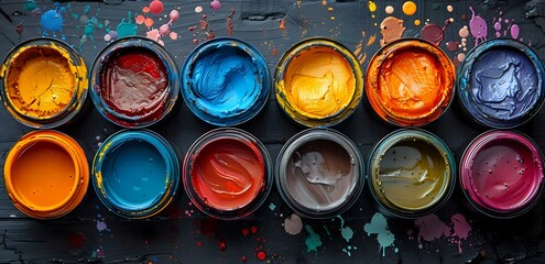 Poster - A top-down view of colorful paint cans arranged in rows, with vibrant shades of red, yellow, blue, and green. Perfect for art, creativity, and design-related themes.