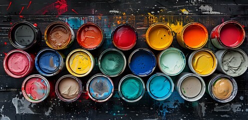 Poster - A top-down view of colorful paint cans arranged in rows, with vibrant shades of red, yellow, blue, and green. Perfect for art, creativity, and design-related themes.