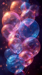 Poster - Glowing transparent bubbles with pink and blue illumination floating in cosmic space, creating ethereal magical atmosphere. Perfect for fantasy, dreams and abstract background designs.