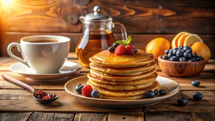 Poster - A stack of golden pancakes with a drizzle of maple syrup and fresh blueberries and raspberries, a warm cup of tea, and a rustic wooden table setting.