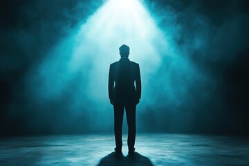 Poster - Silhouette of man in suit under dramatic spotlight, surrounded by mist