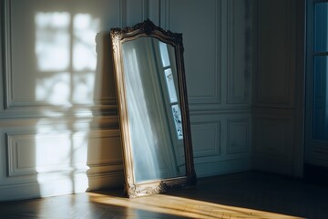 Wall Mural - Sunlight shining in on a golden framed antique mirror leaning against a white wall