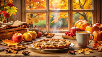 Poster - Warm Autumnal Delights A Steaming Cup of Tea, Freshly Baked Pie, and Vibrant Fall Colors on a Wooden Table