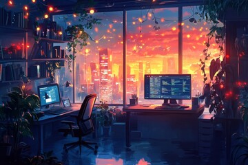 Poster - Cozy Home Office with Sunset View and Warm Lighting