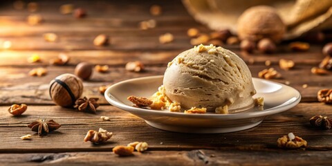 Poster - A scoop of nutty ice cream on a white plate surrounded by various nuts on a rustic wooden surface